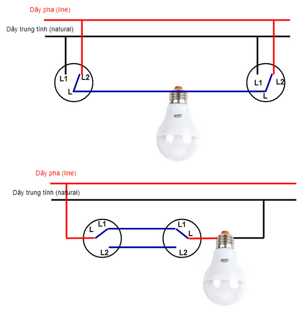 Mạch điện cầu thang 2 công tắc 1 đèn