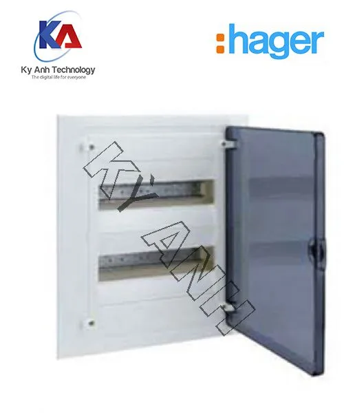 Tủ điện âm tường Hager, cửa mica màu đen, 2 hàng ray DIN (24 module)