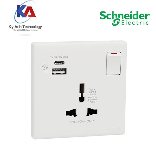 Bộ ổ cắm đơn đa năng 16A có cổng USB type A+C và công tắc Vivace E KBN15USB_IS_WE